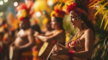 Lets dance all our troubles away. Cropped shot of beautiful samba dancers performing in a carnival with their band. - obrazy, fototapety, plakaty