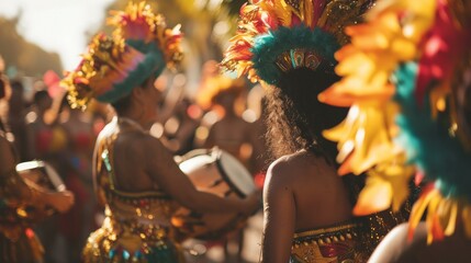 Lets dance all our troubles away. Cropped shot of beautiful samba dancers performing in a carnival with their band. - obrazy, fototapety, plakaty