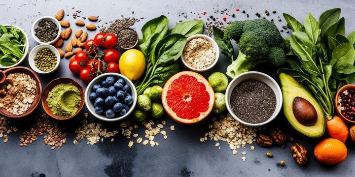 Healthy food clean eating selection. fruit, vegetable, seeds, superfood, cereal, leaf vegetable on gray concrete background.