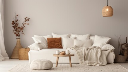 Knitted Pouf Beside a white sofa with terra cotta pillows in a hygge-style scandinavian living room