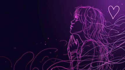 Simple glowing purple line drawing of a girl praying, heart for Valentine’s Day, simple, black and white, black colors background, copy space.