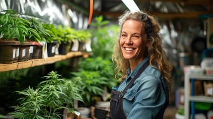 Smiling woman at grow shop