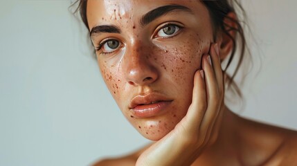 Young woman with acne problem squishing pimples on light background with space for text