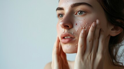 Young woman with acne problem squishing pimples on light background with space for text