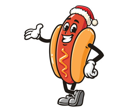 recommend clip art: Hot dog with a Christmas hat cartoon mascot illustration character vector clip art