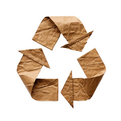 Recycling sign symbol made of old paper isolated on white or transparent background