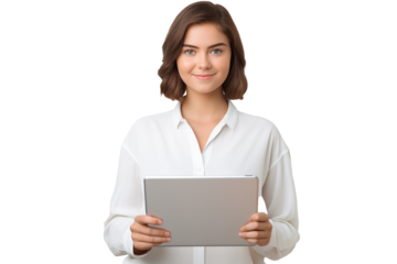 Attractive smiling girl working on a tablet on a transparent background
