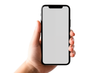 Mockup, female hand using mobile phone on transparent background, white blank screen for text, mobile app design and advertising, online marketing