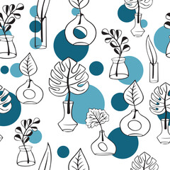 Geometric seamless pattern with vases of various shapes and leaves. Geometric Graphics Boho decor. Modern vases for the interior.
