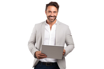 Attractive smiling man working on tablet on transparent background