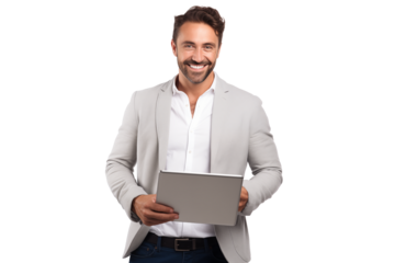 Attractive smiling man working on tablet on transparent background