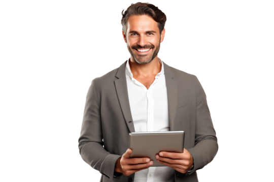 Attractive smiling man working on tablet on transparent background
