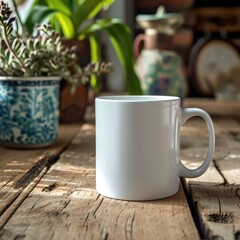 White cup on a wooden table, against a background of flowers. Place for text. Ideas for creativity. AI generated.