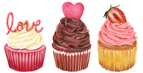 cake set of cupcakes with cream sweet cute Hand drawn illustration on a transparent background