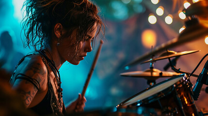 A female drummer in action at a rock concert