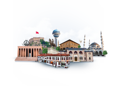 Ankara kolaj çalışması, tarihi mimariler ve gezilecek mekanlar. Translation: Ankara collage work, historical architectures and places to visit.