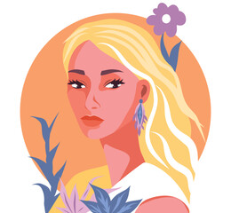 Beautiful vector blonde girl avatar nature spring for social media