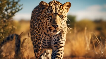 A leopard hunts in the savannah.