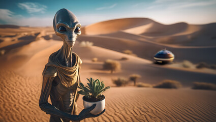 An extraterrestrial being, standing in the desert, extends a gesture of peace and to Earthlings by offering the gift of a houseplant.