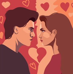 Vector illustration of a couple in love on a background of hearts quarrel family psychology of relationships discord in the family postcard for February 14 Valentine's Day - obrazy, fototapety, plakaty