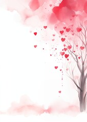 pink rose petals, hearts on a tree,watercolor