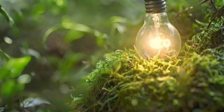 Glowing bulb in forest background. Sustainability, Green Energy, Renewable and Sustainable Resources. Environmental and Ecology Care Concept.