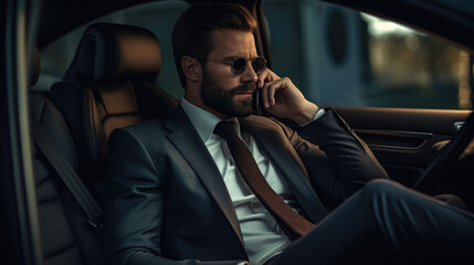 Nervous male in suit sitting on driver seat and calling on phone
