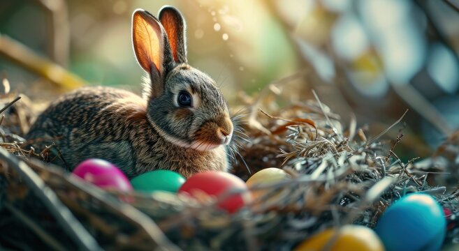 a brown rabbit in a nest with brightly colored eggs