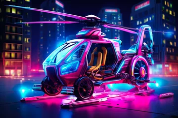 Zelfklevend Fotobehang futuristic classic anime chopper bike neon color BIKE buildings in the background made with AI © Umar