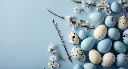 a blue background with easter eggs on top of it