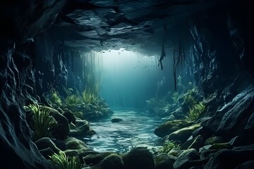 Scenery of a dark cave deep in the mountains - obrazy, fototapety, plakaty