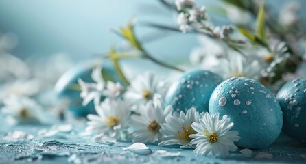 Obraz na płótnie Canvas a light blue background with blue eggs, flowers and daisies