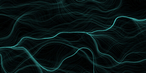 Fototapeta premium Waves of vibrant green color against a black background. Long exposure photo of vibrant fairy lights in abstract. Neon 3d abstract ball background