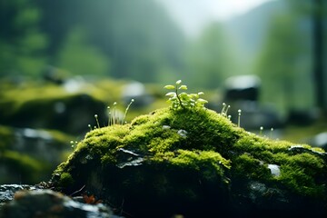 This is a detailed close-up photo of a colony of green moss living on rocks or stones in a deep forest - obrazy, fototapety, plakaty