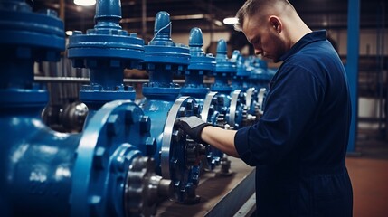 An employee at a water distribution center checks pump valves and equipment for clean water delivery in a major commercial complex. Aqueducts. Commercial plumbing. - obrazy, fototapety, plakaty
