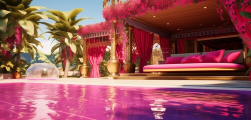 A luxury pool with vivid magenta and gold 3D patterns, adjacent to a cozy cabana, in