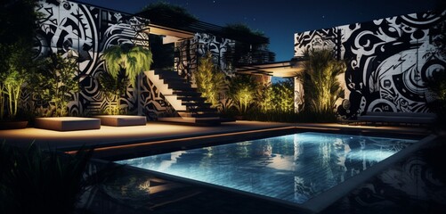 A modern backyard oasis with a pool and an integrated video mapping system, projecting 3D intricate, animated patterns, video mapping vista