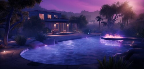 A modern backyard oasis with a pool and a color-changing fog system, creating 3D intricate, misty patterns in hues of purple and blue, misty mystique