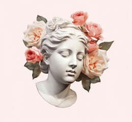 Art sculpture of a marble head is paired with roses, in the style of digital art, nostalgic illustration.