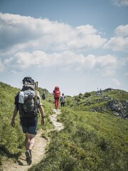 Fototapeta na wymiar Group of adult backpacker hiker persons walking through a mountain meadow in summer, Fatra Fatry Moundains