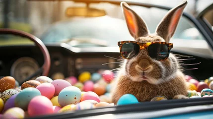 Schilderijen op glas Cute Easter Bunny with sunglasses looking out of a car filed with easter eggs © People