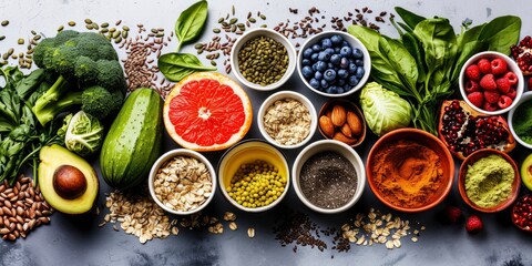 Healthy food clean eating selection. fruit, vegetable, seeds, superfood, cereal, leaf vegetable on gray concrete background.
