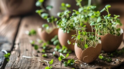 Microgreens in the eggshells, spring and easter concept - obrazy, fototapety, plakaty