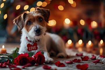 A dog with a rose holding a red sign saying LOVE text - obrazy, fototapety, plakaty