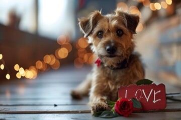 A dog with a rose holding a red sign saying LOVE text