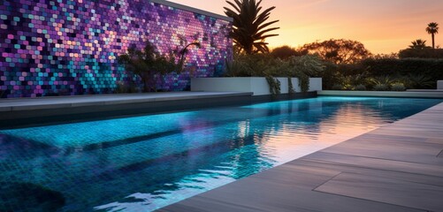 Fototapeta na wymiar A modern backyard with a pool lined with color-shifting tiles that transition from deep violet to sea green, creating 3D intricate, oceanic patterns, oceanic ombre