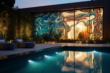 A modern backyard with a pool and a digital art installation on the surrounding walls, projecting 3D intricate, animated patterns, digital dazzle