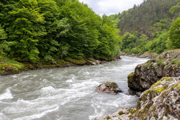 A full-flowing river, a mountainous area, a cloudy day, summer walks in the bosom of nature, a panorama of the area.