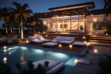 A modern backyard with a pool featuring a sunken lounge area, the overhead lighting creating 3D intricate, cozy patterns