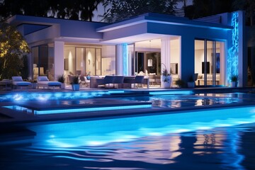 A modern backyard with a pool featuring an ice-blue lighting scheme, creating 3D intricate, icy patterns on the pool walls, frozen finesse